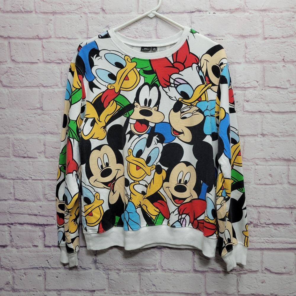 Disney Mickey Mouse AOP Pullover Sweatshirt L Crewneck Collage Streetwear